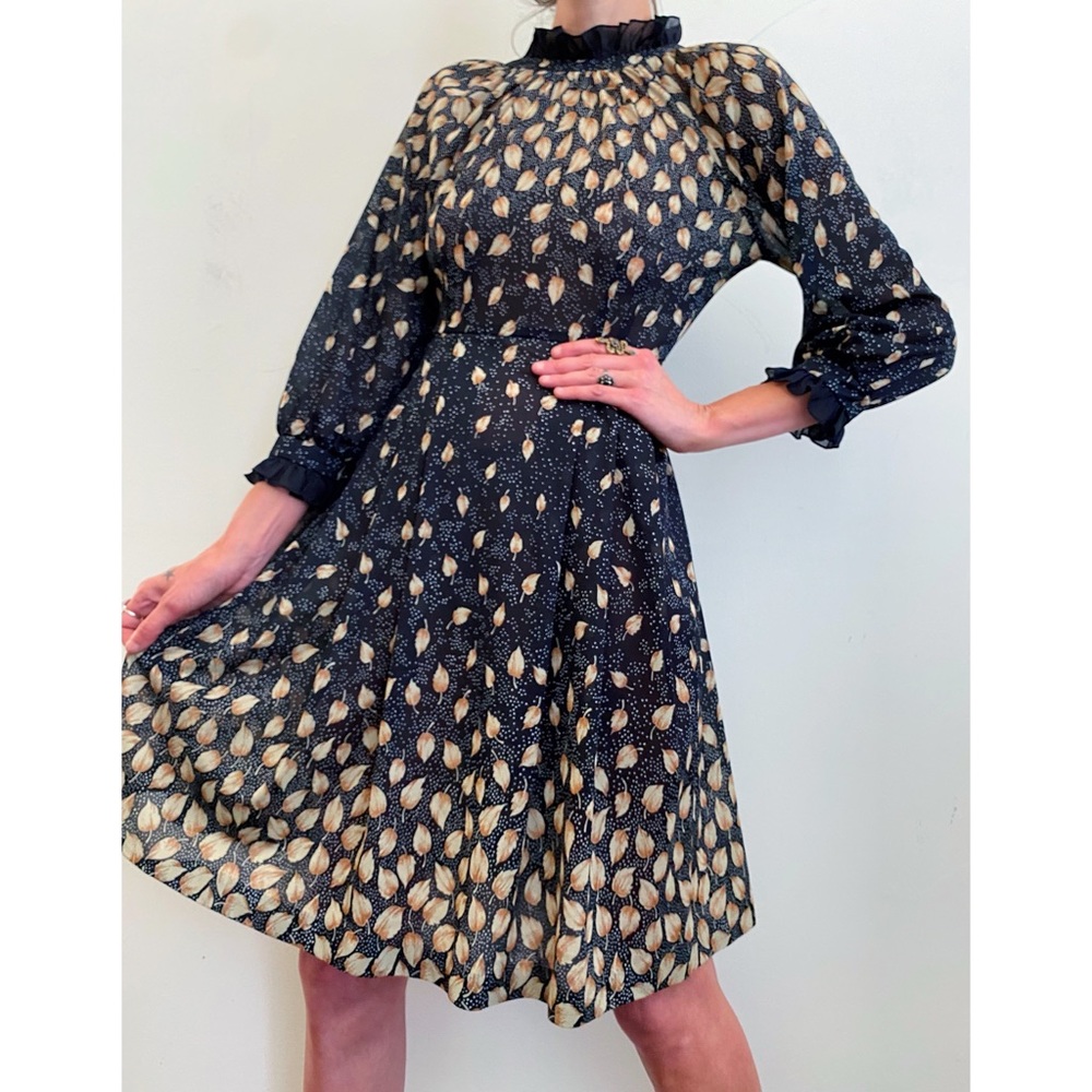 Vintage 70's Golden Leaves Dress Small
